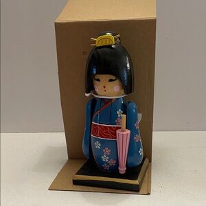 Holiday Nutcracker KIKU Handcrafted Blue Kokeshi Doll with Pink Accents.